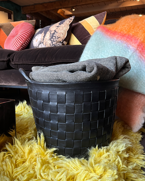 Handmade leather woven basket black