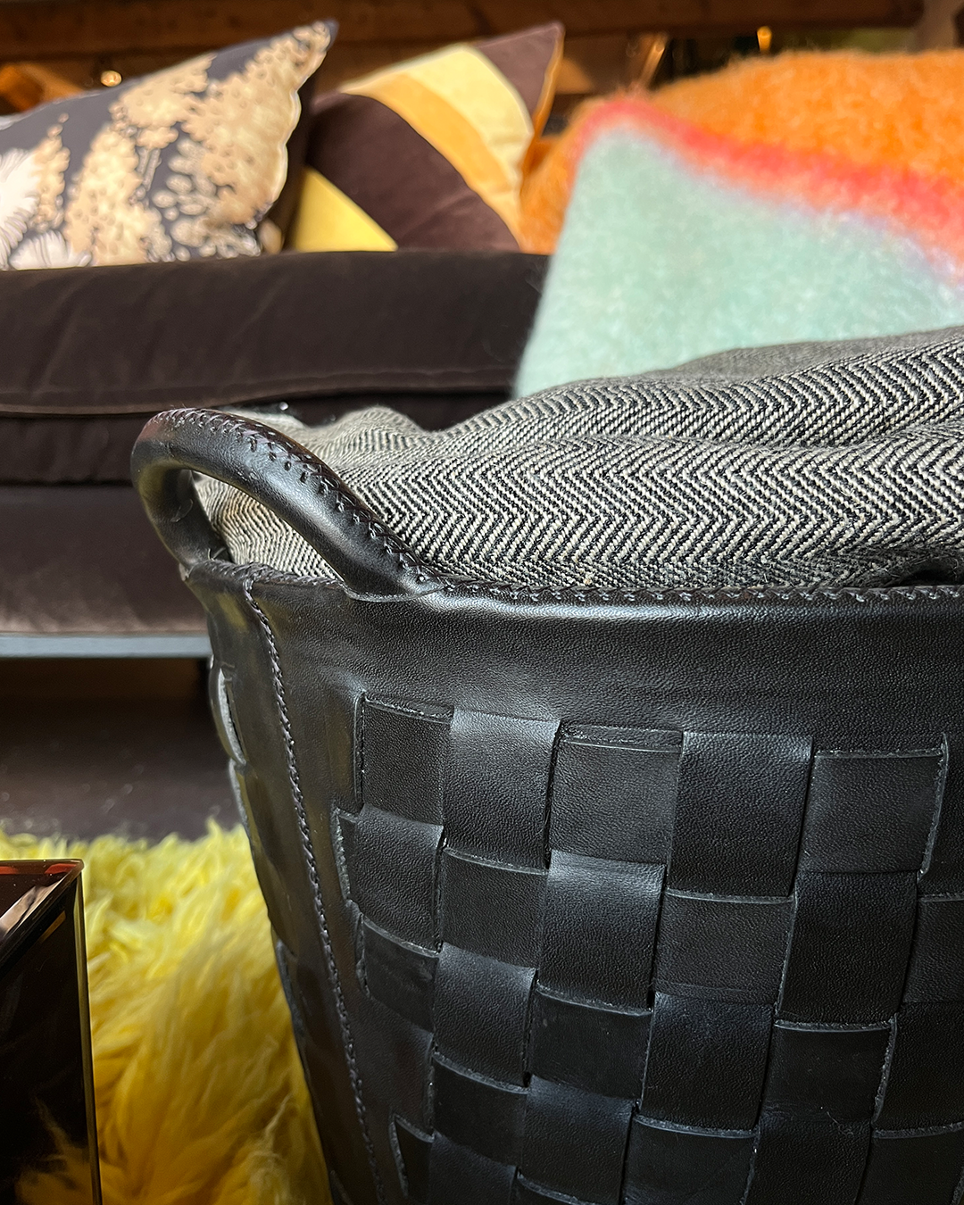 Handmade leather woven basket black