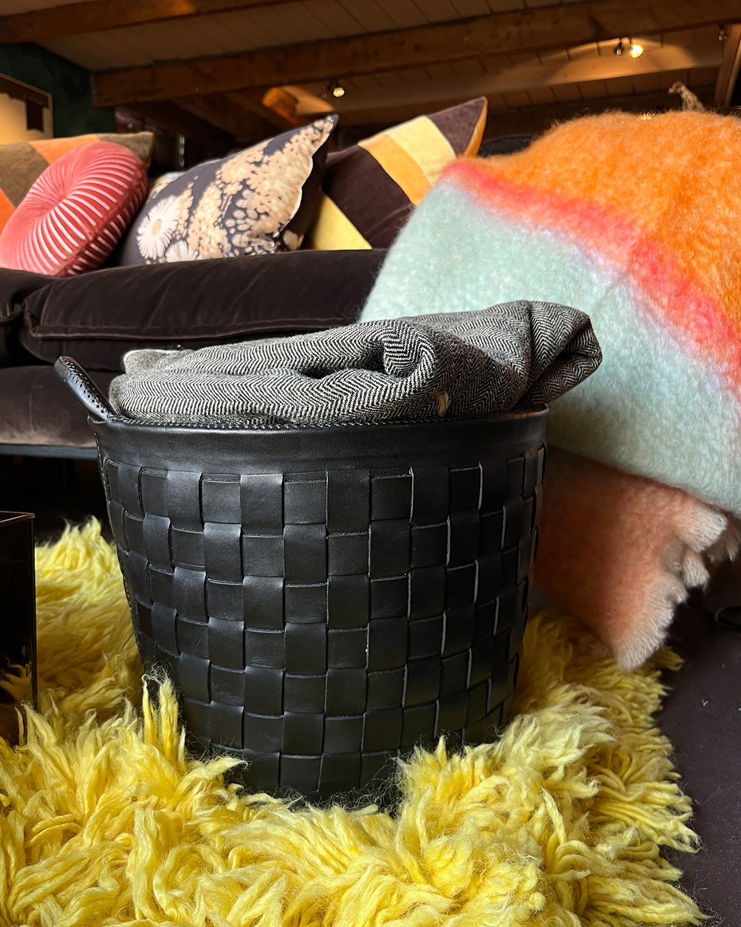 Handmade leather woven basket black