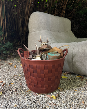Handmade leather woven basket brown