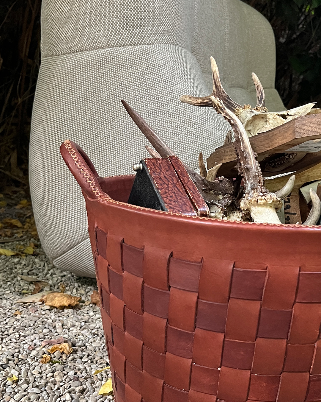 Handmade leather woven basket brown