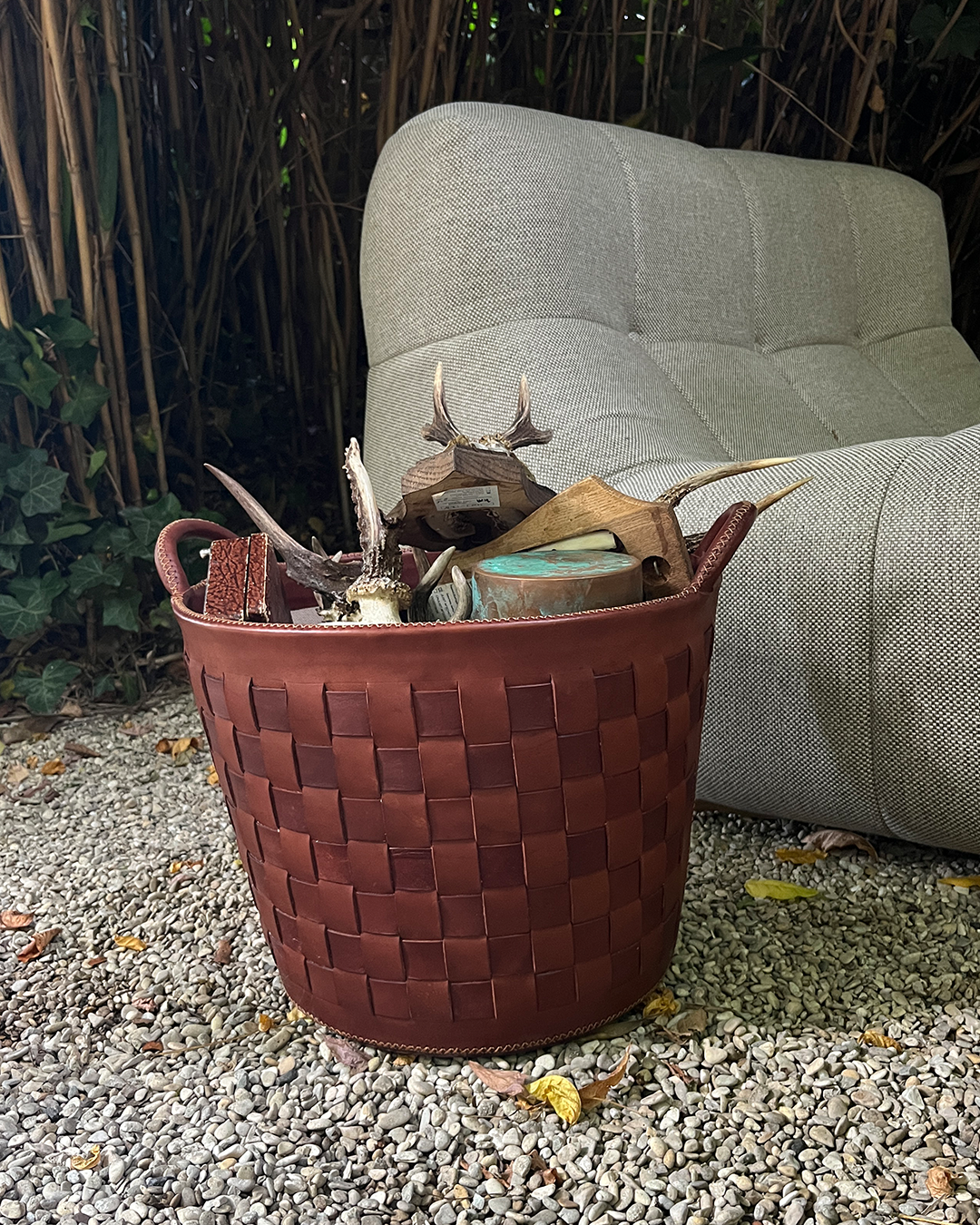 Handmade leather woven basket brown