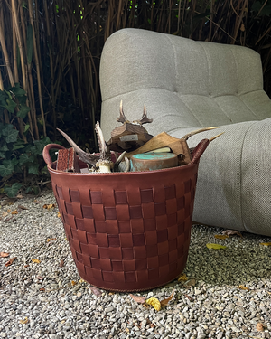 Handmade leather woven basket brown